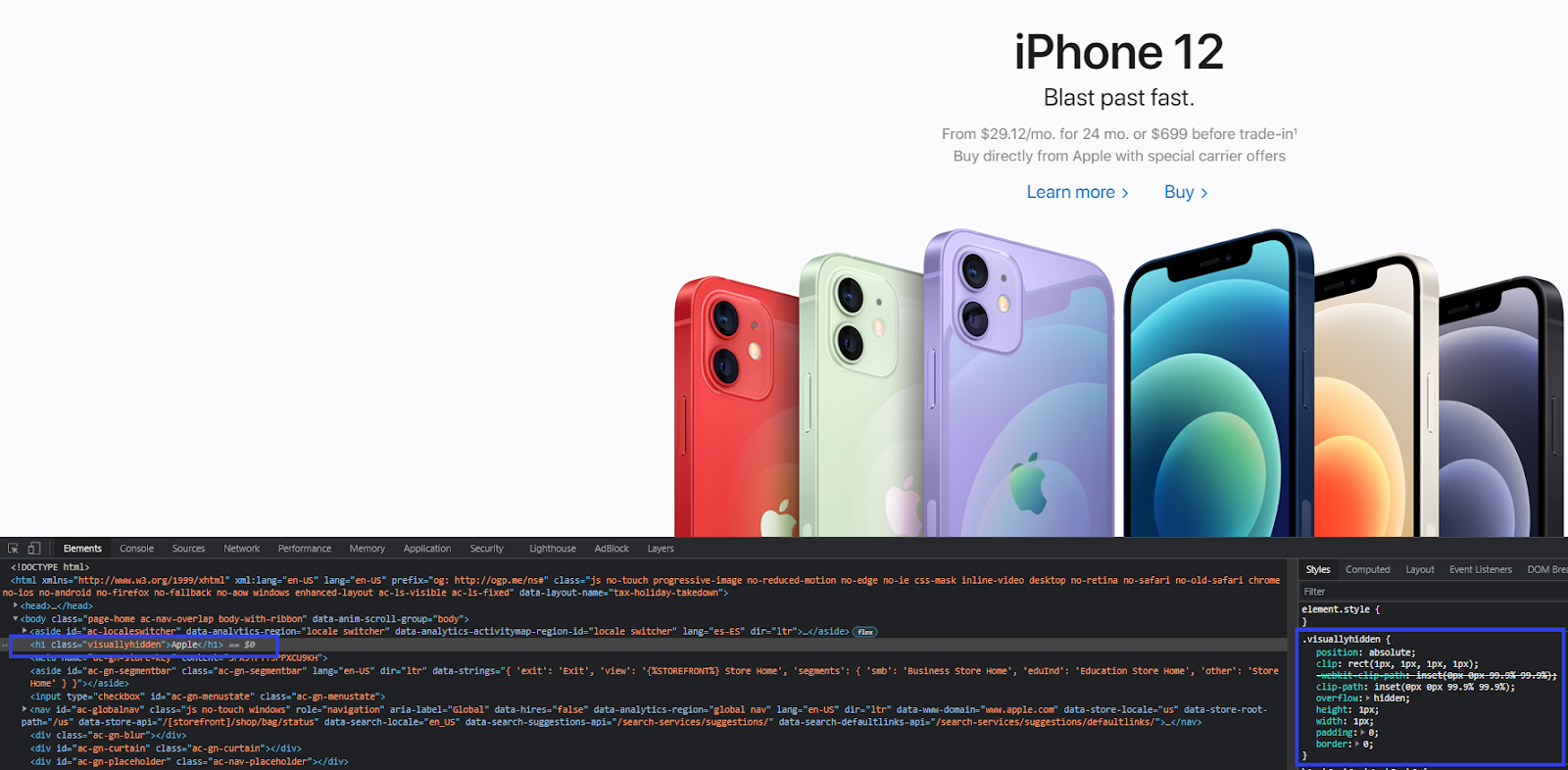 Apple.com website example of visually hidden class