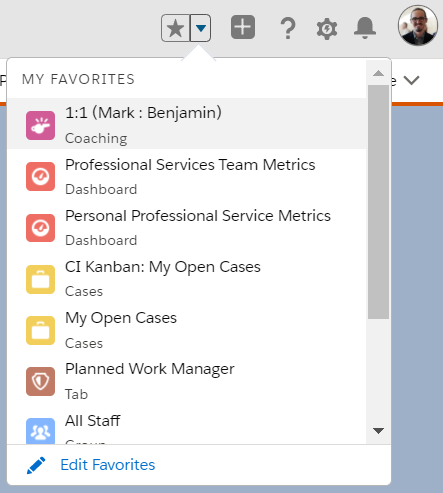 Screenshot showing my favorites in the Internet Creations Salesforce Org.
