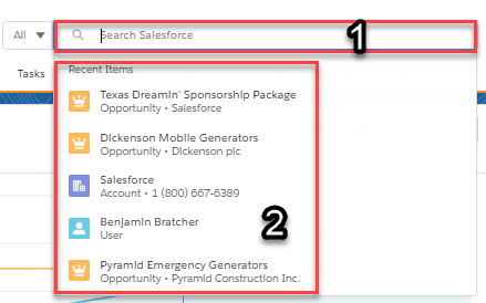 Screenshot showing Search in Salesforce Lightning with number 1 on the global search bar and number 2 on the five recent items.