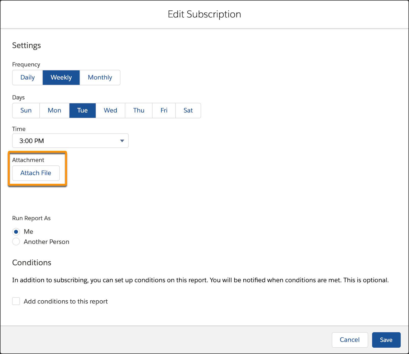 Screenshot showing how to attach a file to a report subscription.