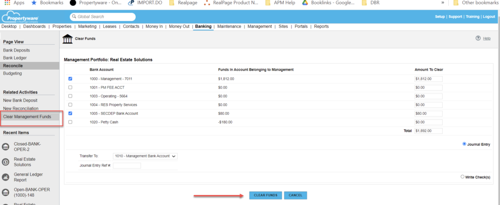 Propertyware: Paying the management company uncleared money out