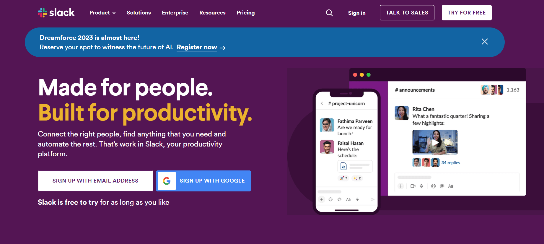 Slack's homepage