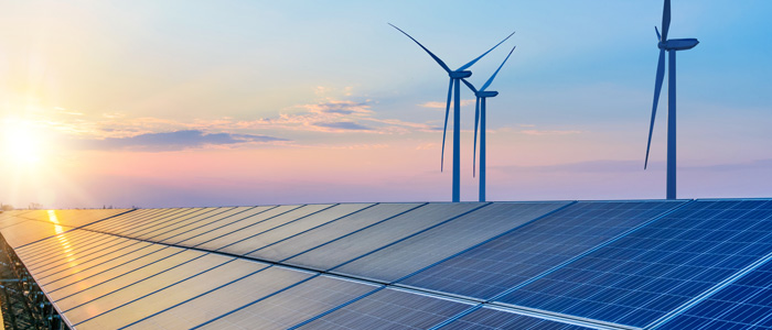 Image of solar panels and wind turbines