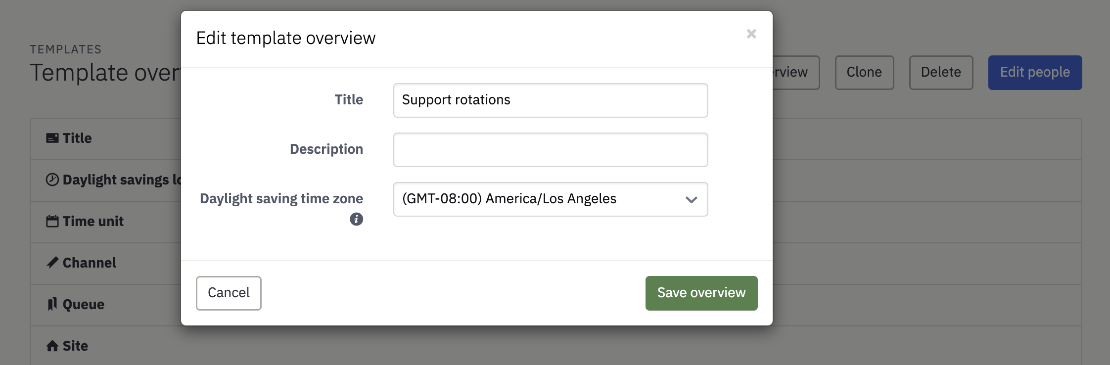 Change a template's time zone from Edit template overview