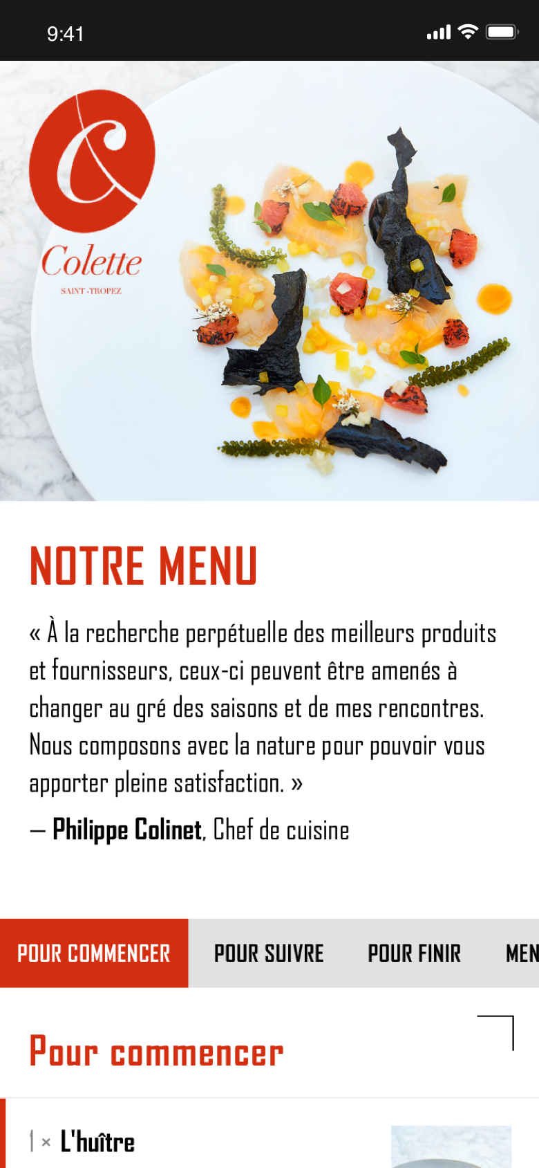 Menu du restaurant Colette est menu influence société