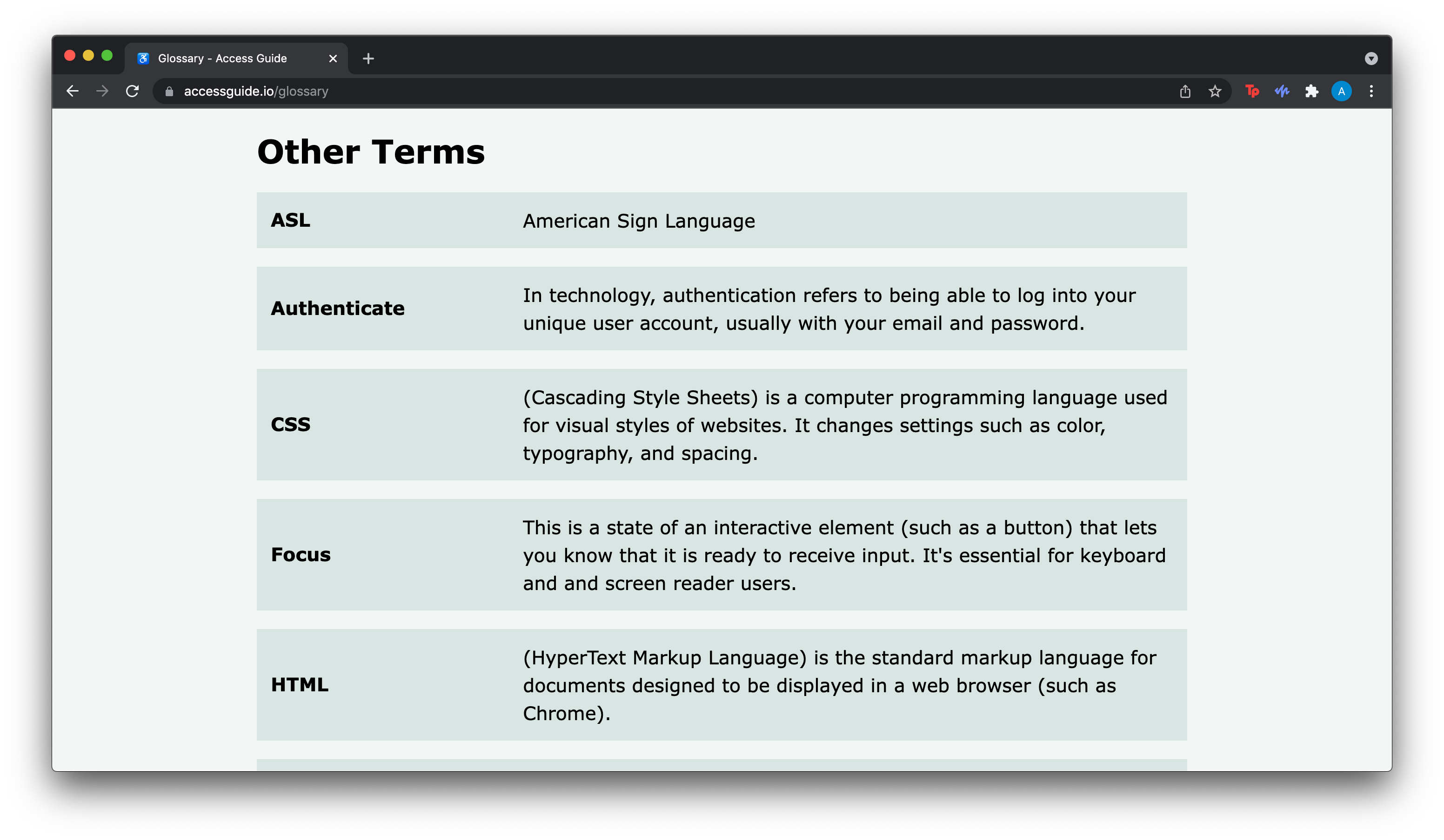 Screenshot of glossary page