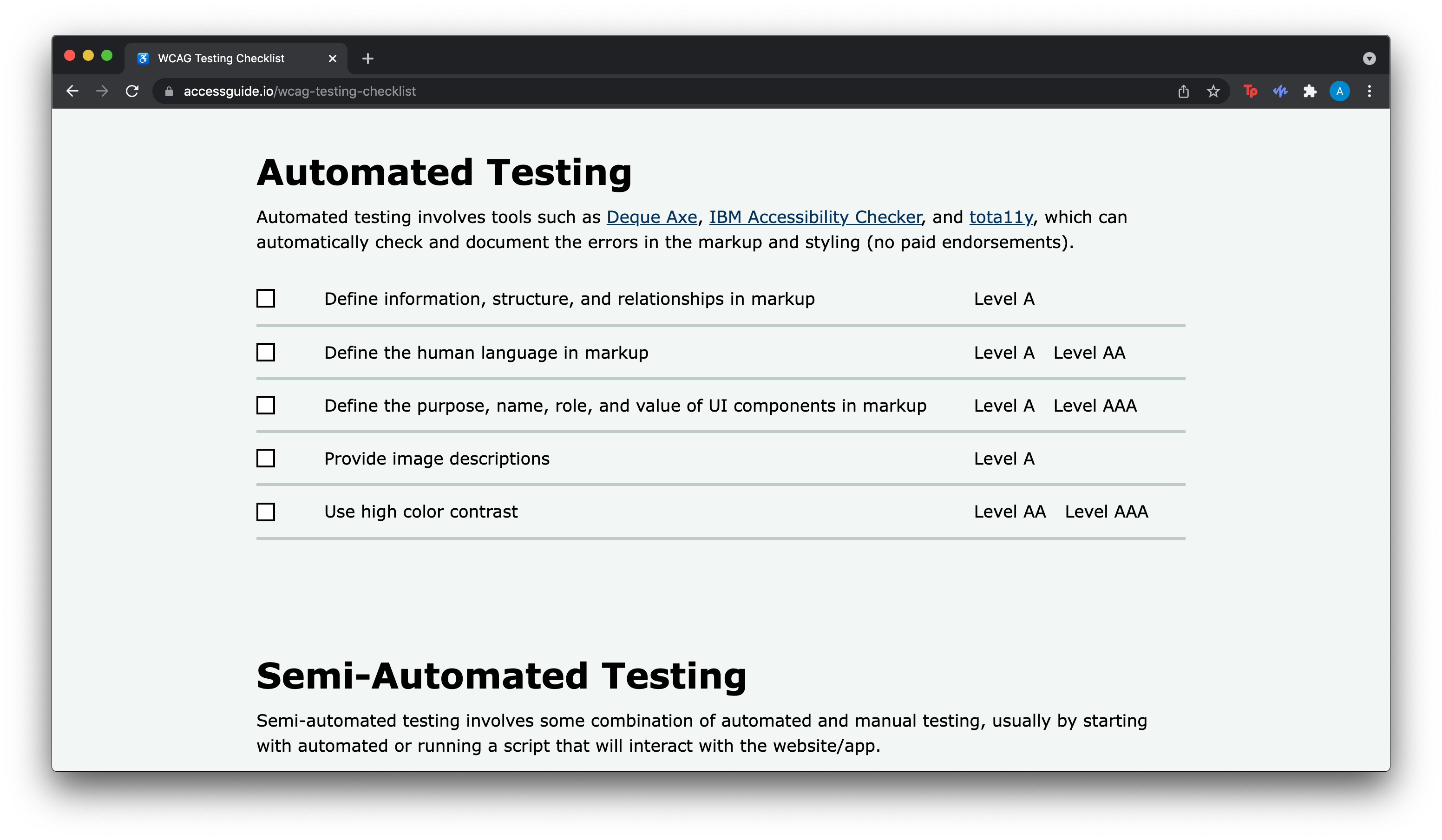 Screenshot of checklist page