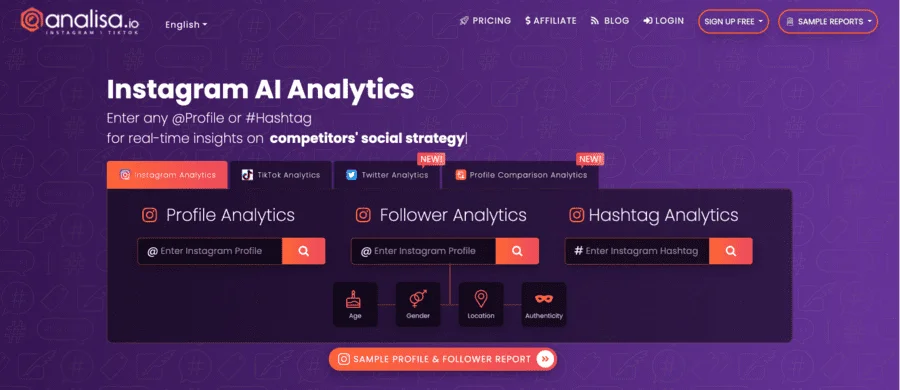 Homepage of Analisa hashtag generator
