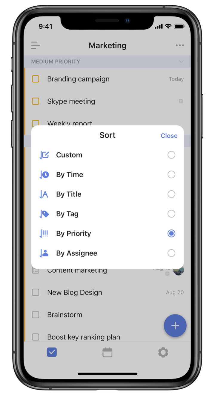 Tick Tick task sorting functionality