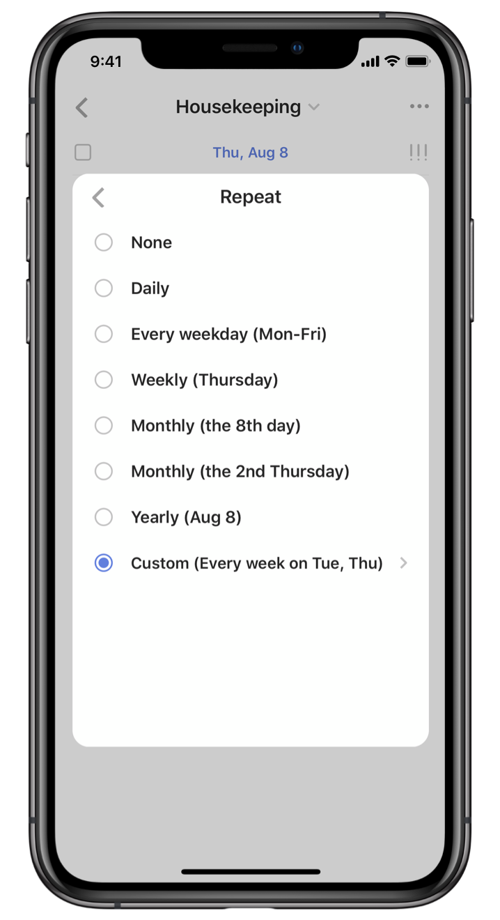 Tick Tick recurring task options
