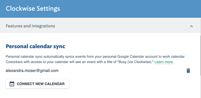 Personal calendar sync settings