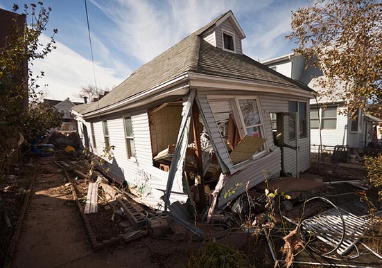 A heavily damaged home