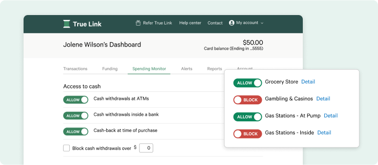 snapshot of true link dashboard spending settings