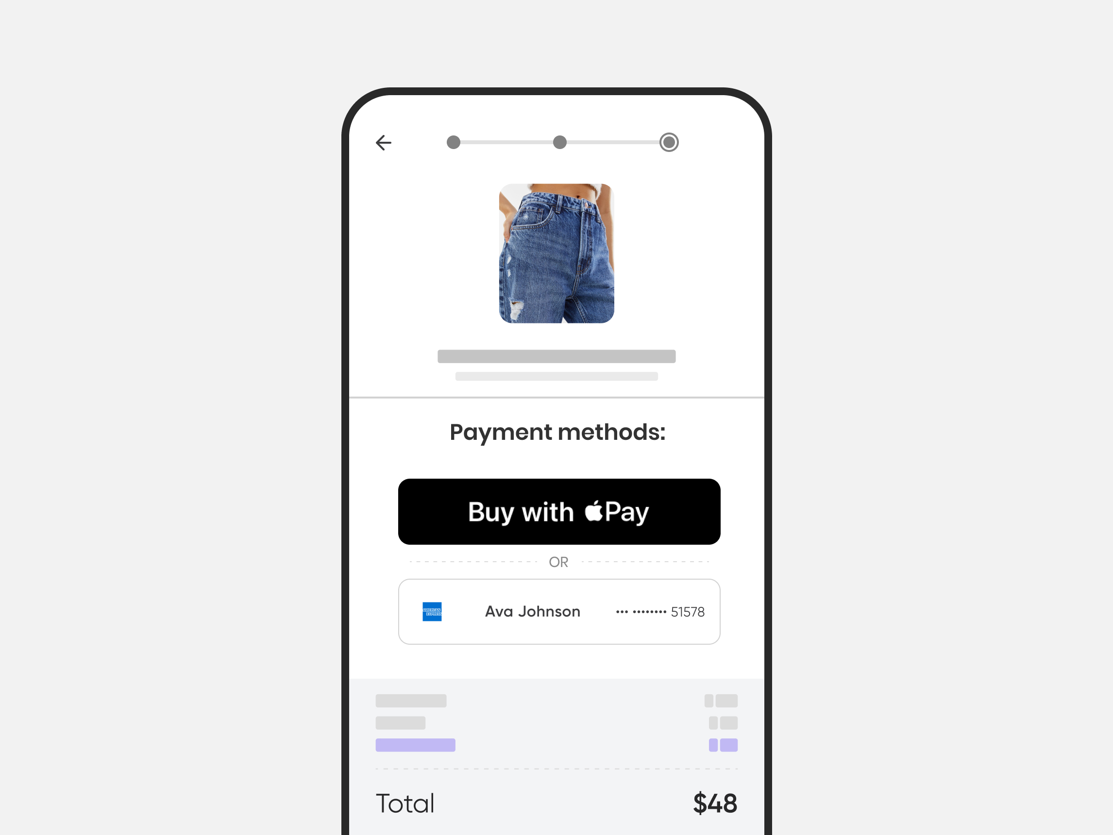 A snapshot of pay's mobile checkout page transaction list showing current payment methods checkout flow.