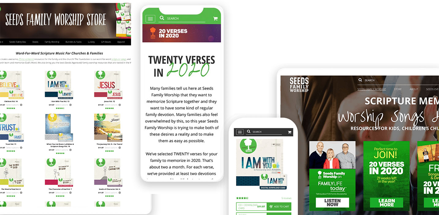 Seeds Family Worship Logo|Seeds Family Worship Custom WordPress Design with Fulfillment|Seeds Family Worship Custom Wordpress Site Development|Mobile Friendly Design with Fulfillment|Custom Product Category Pages|Custom WordPress Design Home Page Mockup|Wordpress Product Page Development