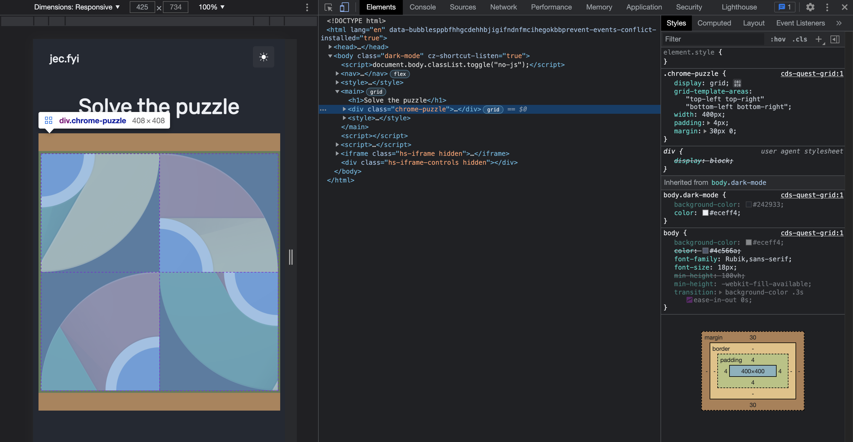 View of Chrome browser devtools