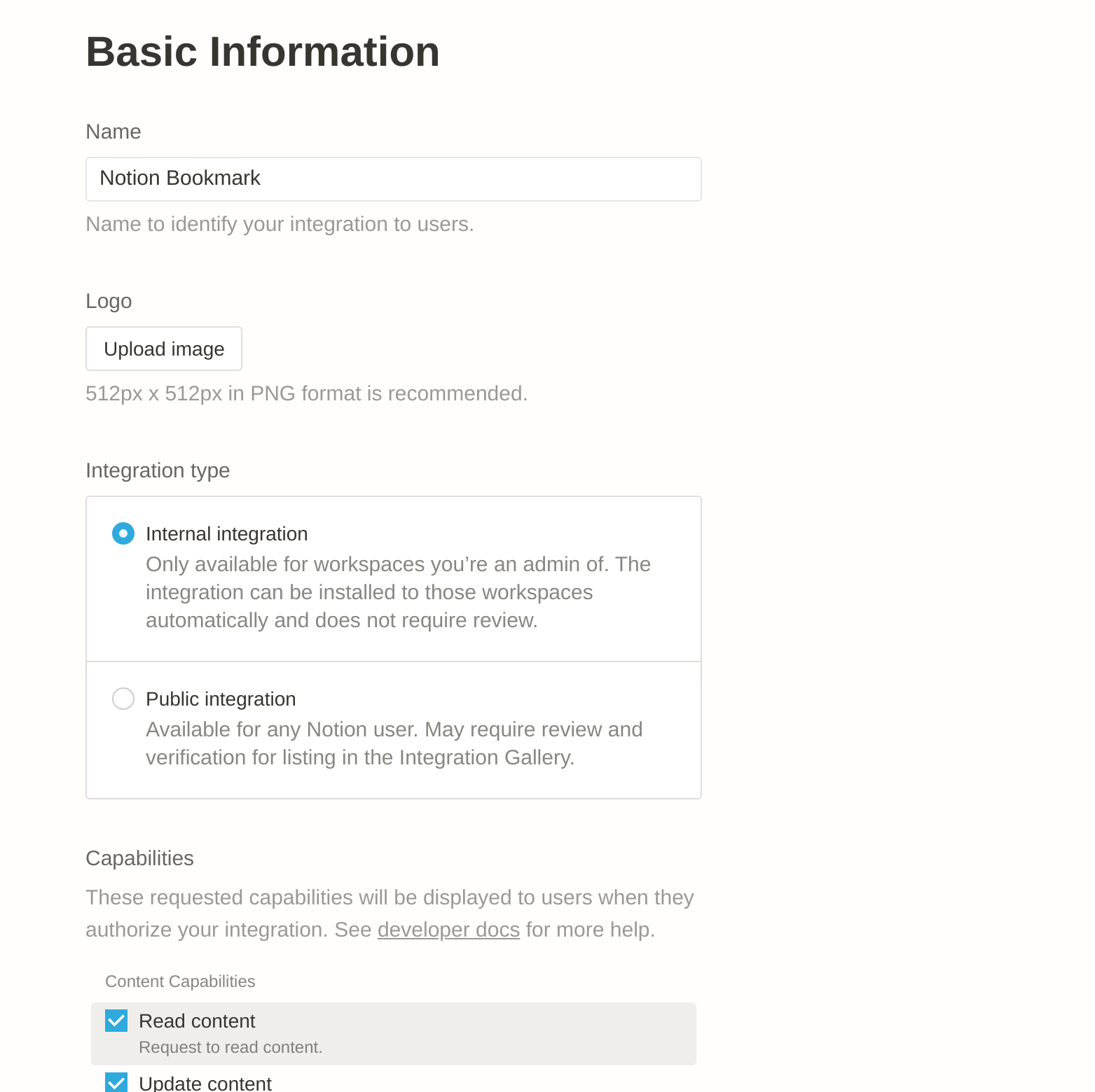 screenshot of the Notion workspace view when filling out basic information about the integration you just created