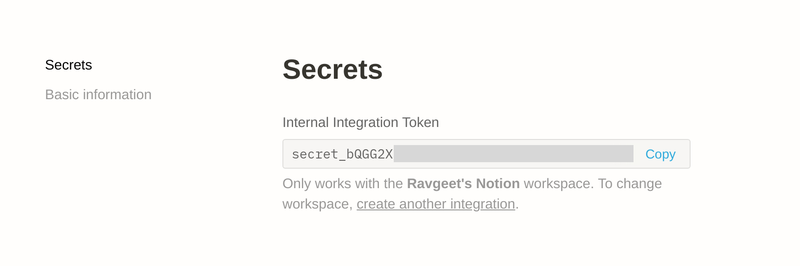 View of the secret Internal Integration API token