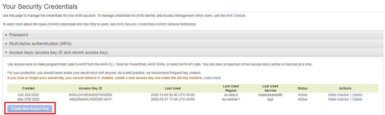 An example ofa newly generated access key ID along with secret access key.