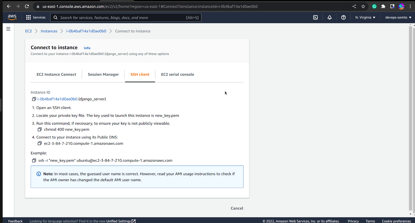 View of Connect to Instance page complete with a step by step on how to connect to instance.