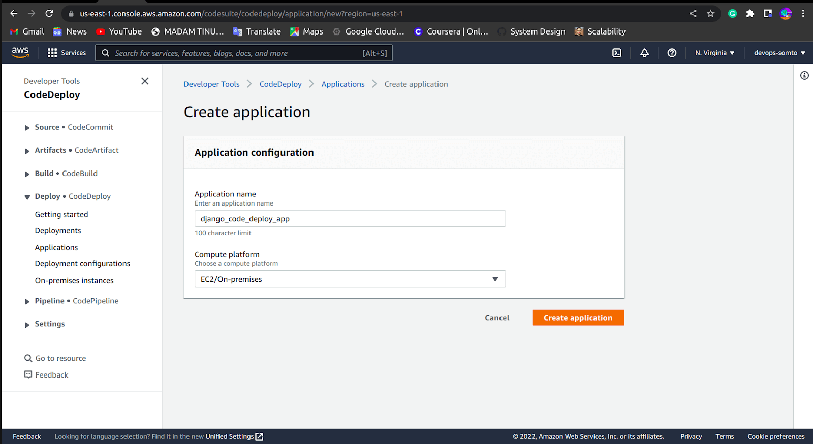 View of CodeBuild page where user can create a CodeDeploy application by filling the text input fields for Application name and choose from the Compute platform dropdown.