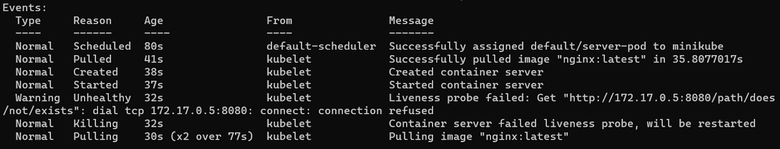 View of Events section in the output containing detail such as Type, Reason, Age, From, and Message