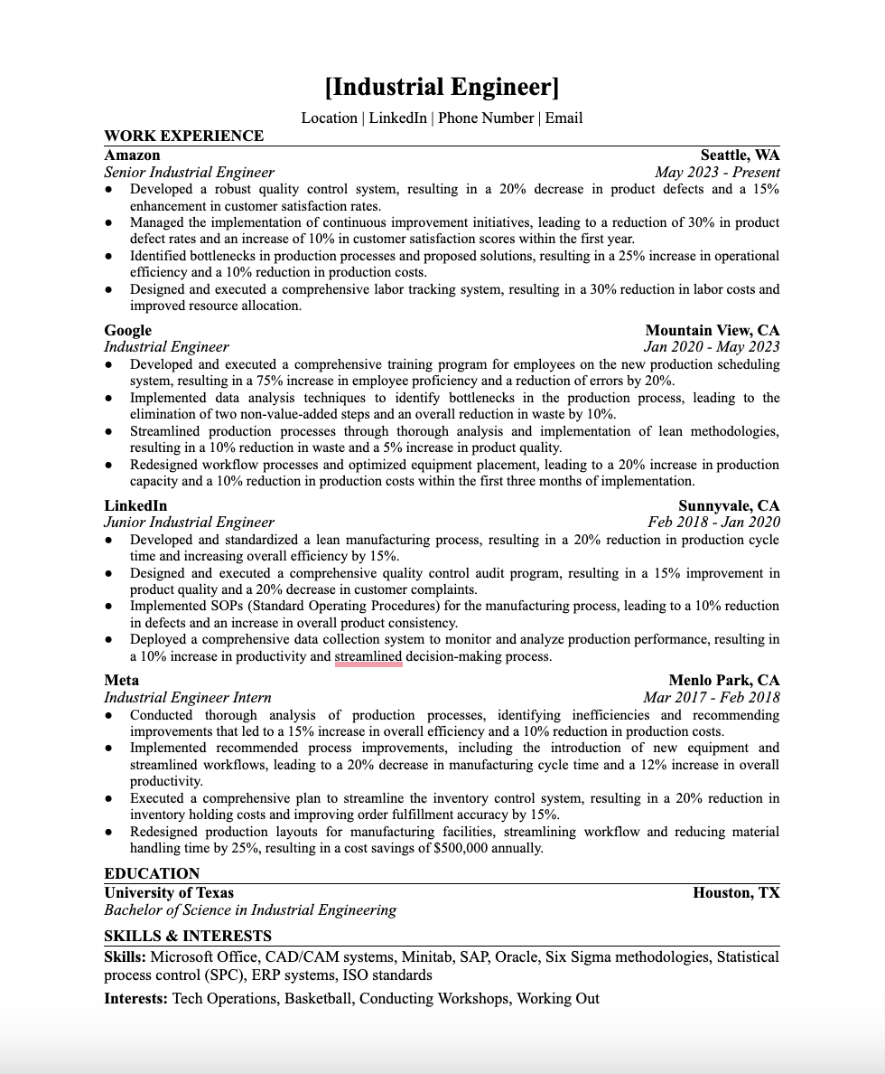 Wonsulting - Industrial Engineer Resume Template