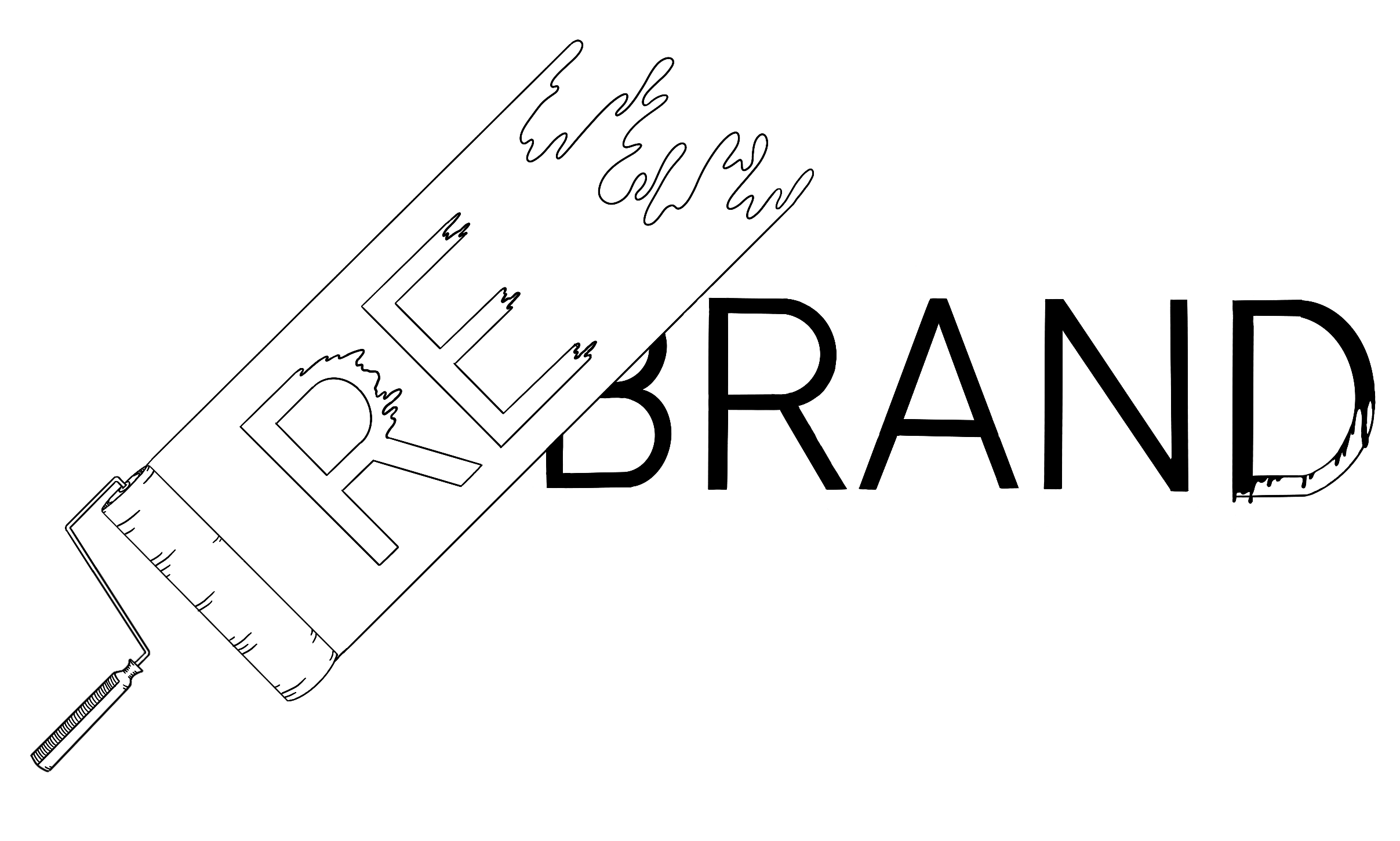 line drawn paint roller and paint with R E in the paint. Painted at an angle over the word brand