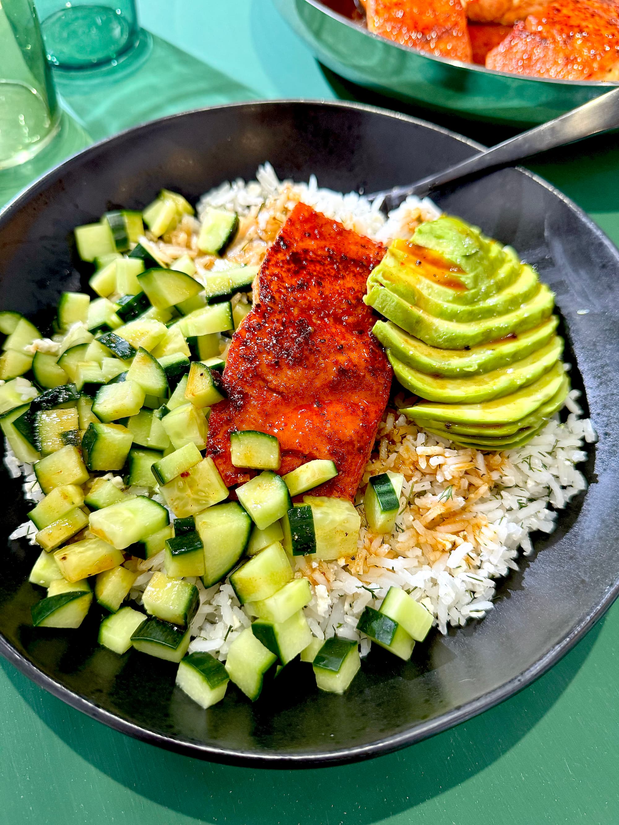 Hot Honey Salmon Bowls over Dill & Feta Rice Recipe