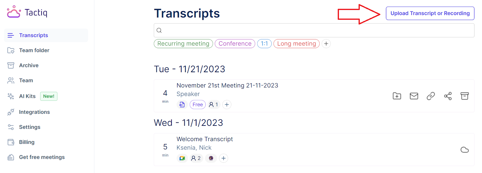 Upload Transcript or Recording on Tactiq