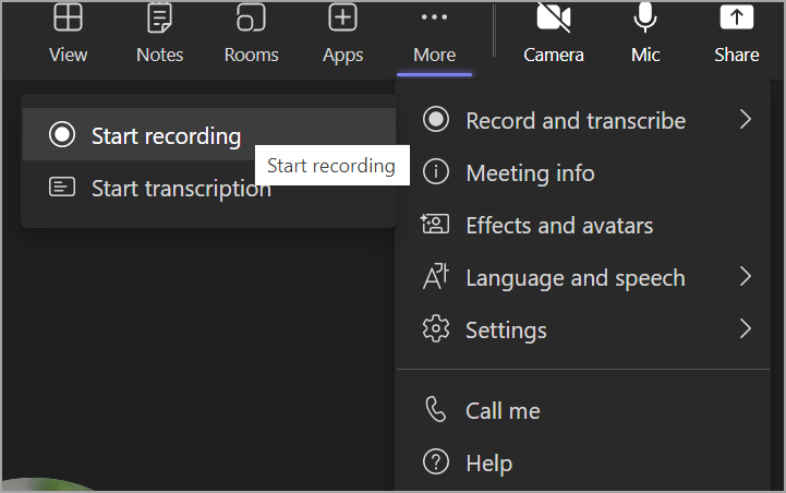 Start Recording Button on Microsoft Teams