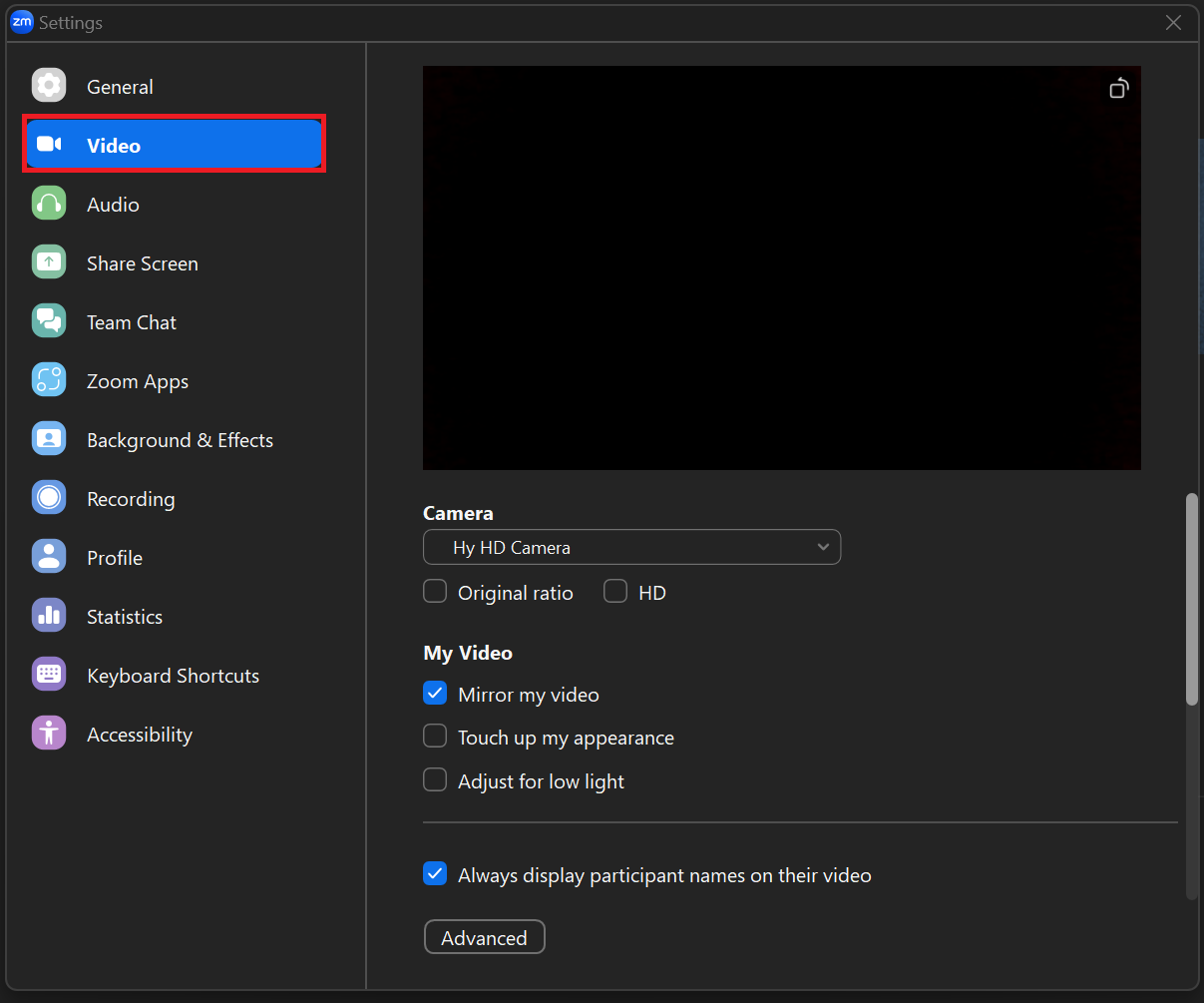 Video Settings in Zoom