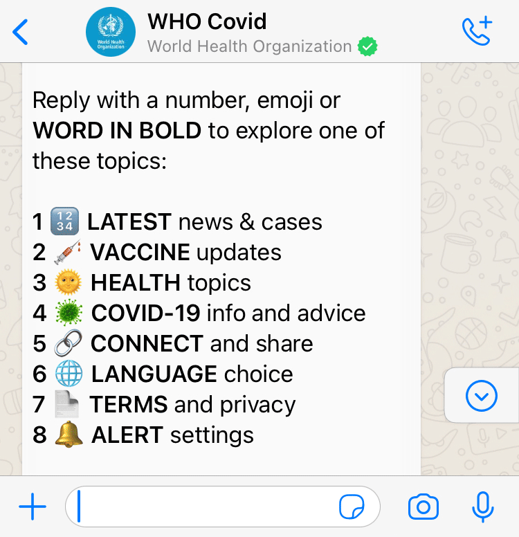 World Health Organisation Whatsapp Health Alert created with Turn.io - Main menu