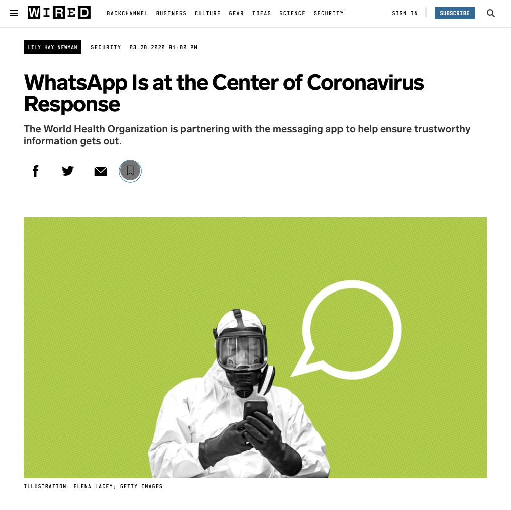 Wired Magazine online article about the World Health Organisation Whatsapp Health Alert created with Turn.io - Headline: WhatsApp is at the center of coronavirus response.