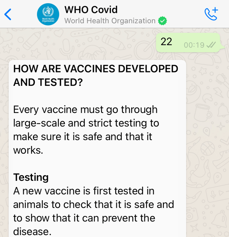 World Health Organisation Whatsapp Health Alert created with Turn.io - Vaccine detail response