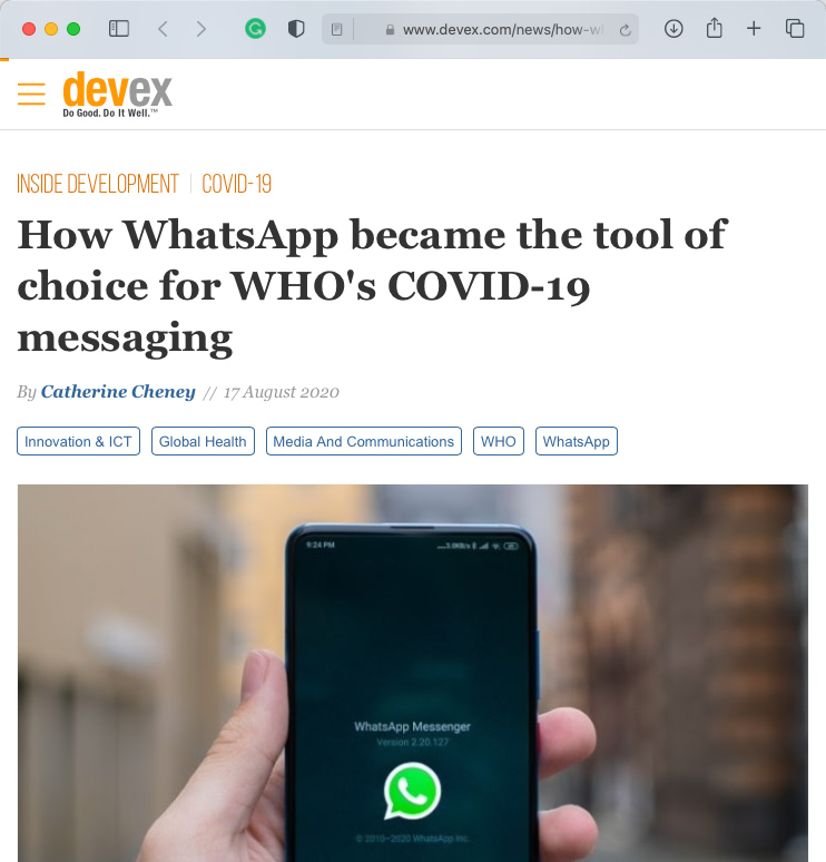 Devex article about the World Health Organisation Whatsapp Health Alert created with Turn.io - Headline: How WhatsApp became the tool of choice for WHO's COVID-19 messaging.