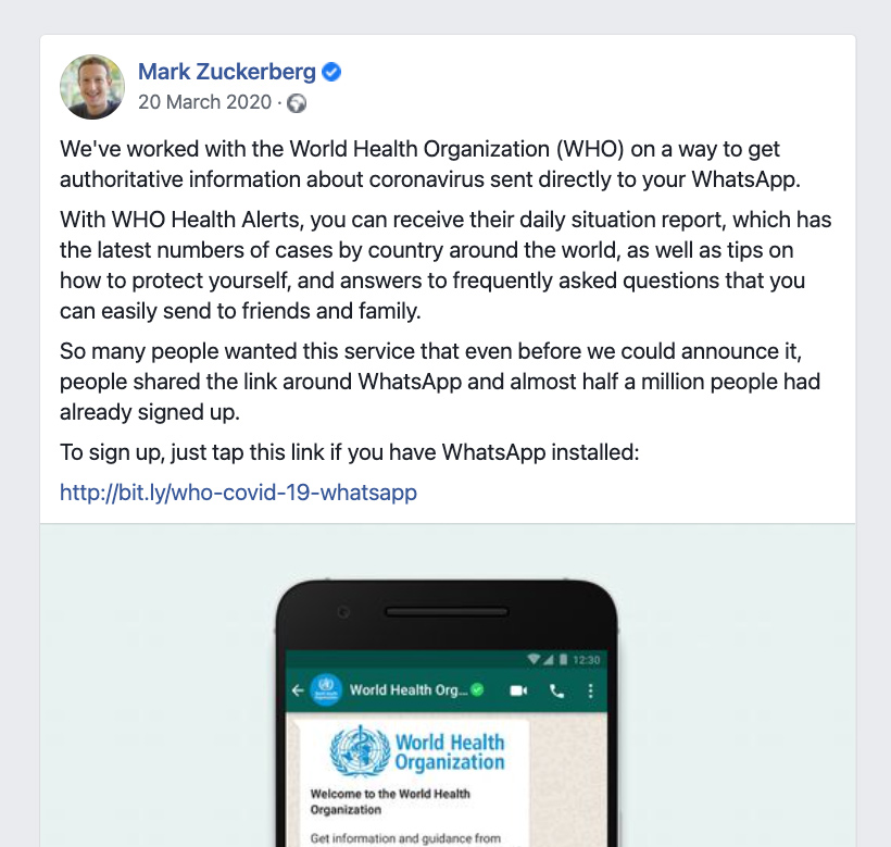 Mark Zuckerberg tweet about the World Health Organisation Whatsapp Health Alert created with Turn.io
