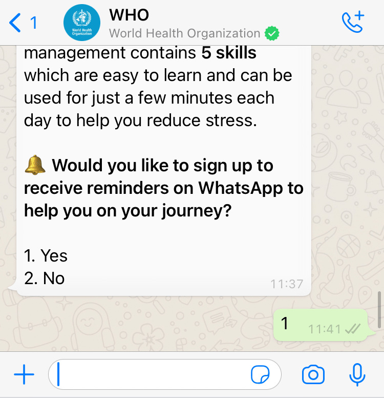 World Health Organisation Whatsapp Health Alert created with Turn.io - Stress management screen options.