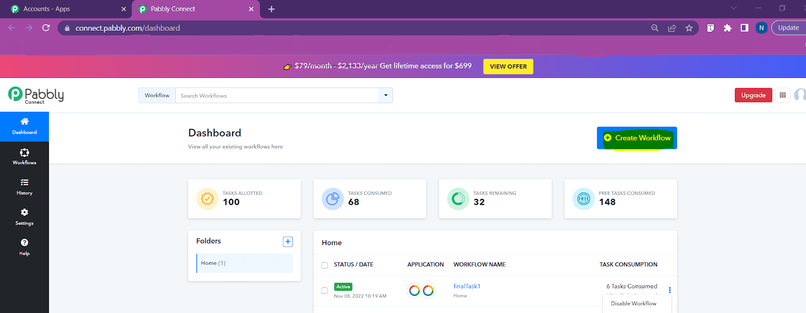 Go to connect.pabbly.com/dashboard and click on “Create Workflow” 