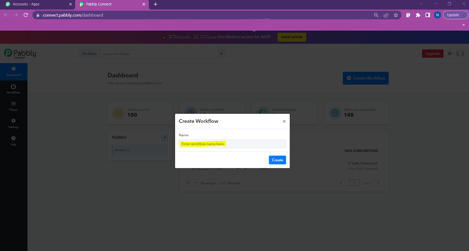 Enter your workflow name and click on “Create” 