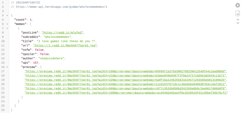 JSON response from the Meme API