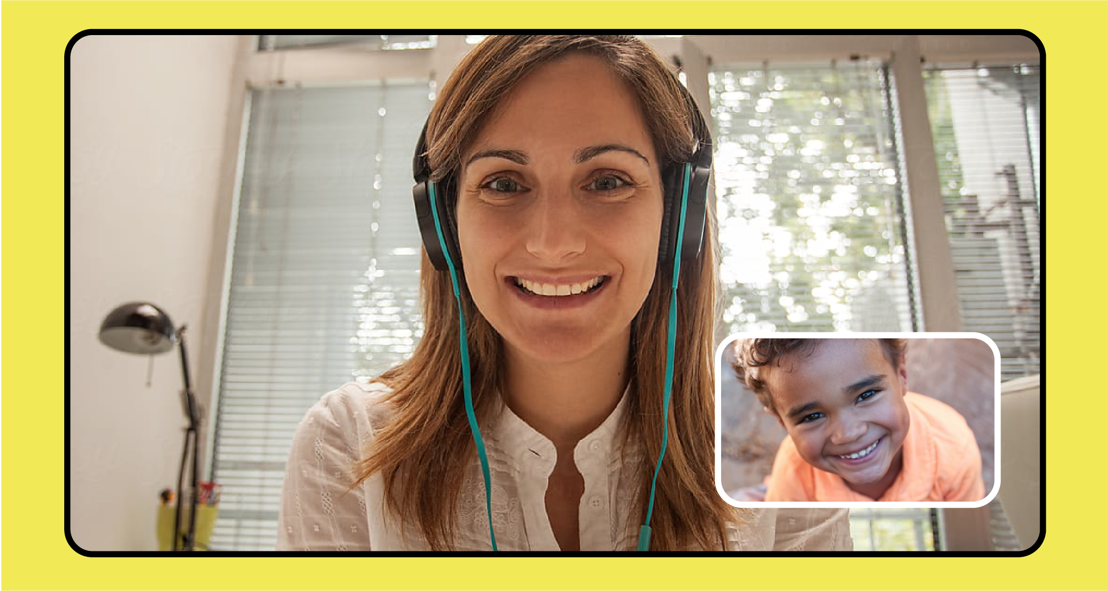 A yellow graphic with a screenshot of a video call between a young child and a learning partner