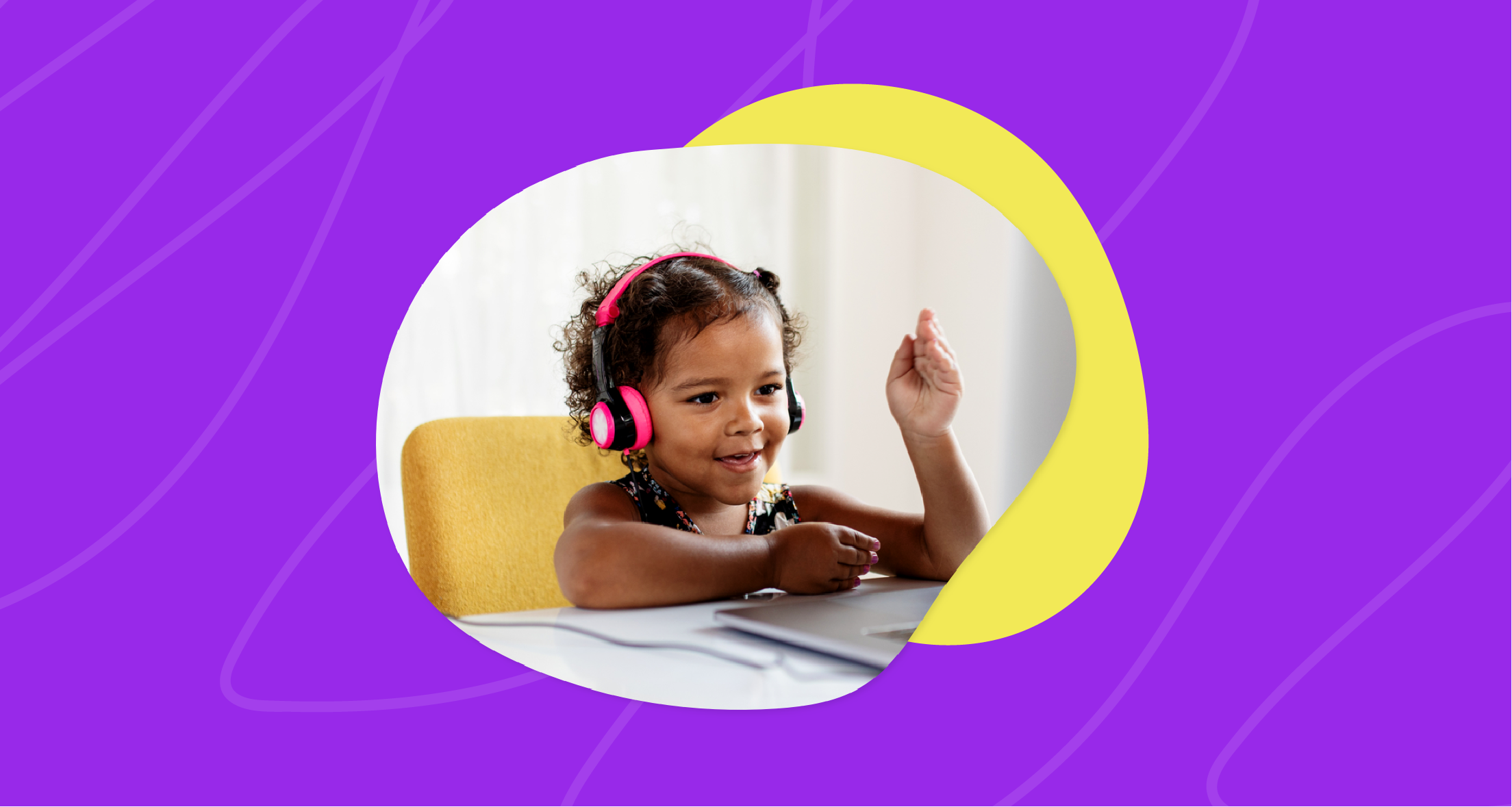 A violet graphic with an image of a Kindergartener at a laptop