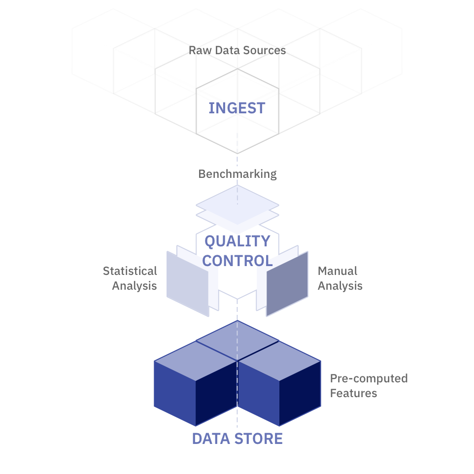 A diagram showing how Iggy ingests raw data sources, is cleaned up using various analysis methods and benchmarking before being used to produce and store as pre-computed features.