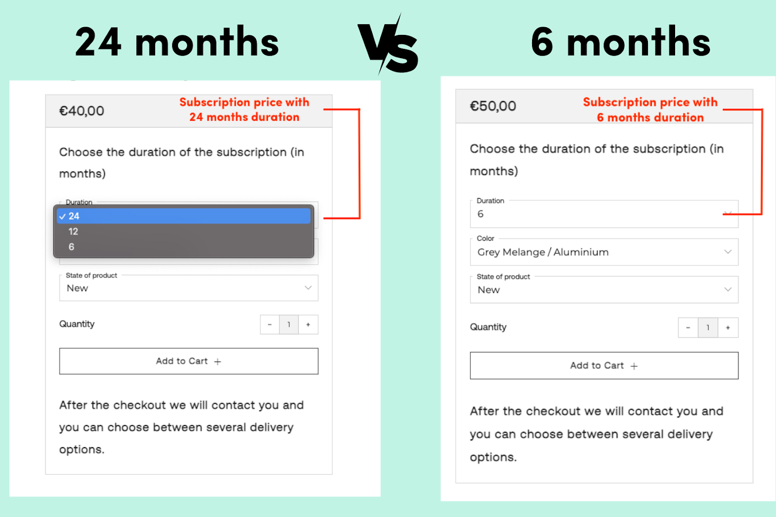 Screenshot of different options for subscription plans on the Bugaboo product page