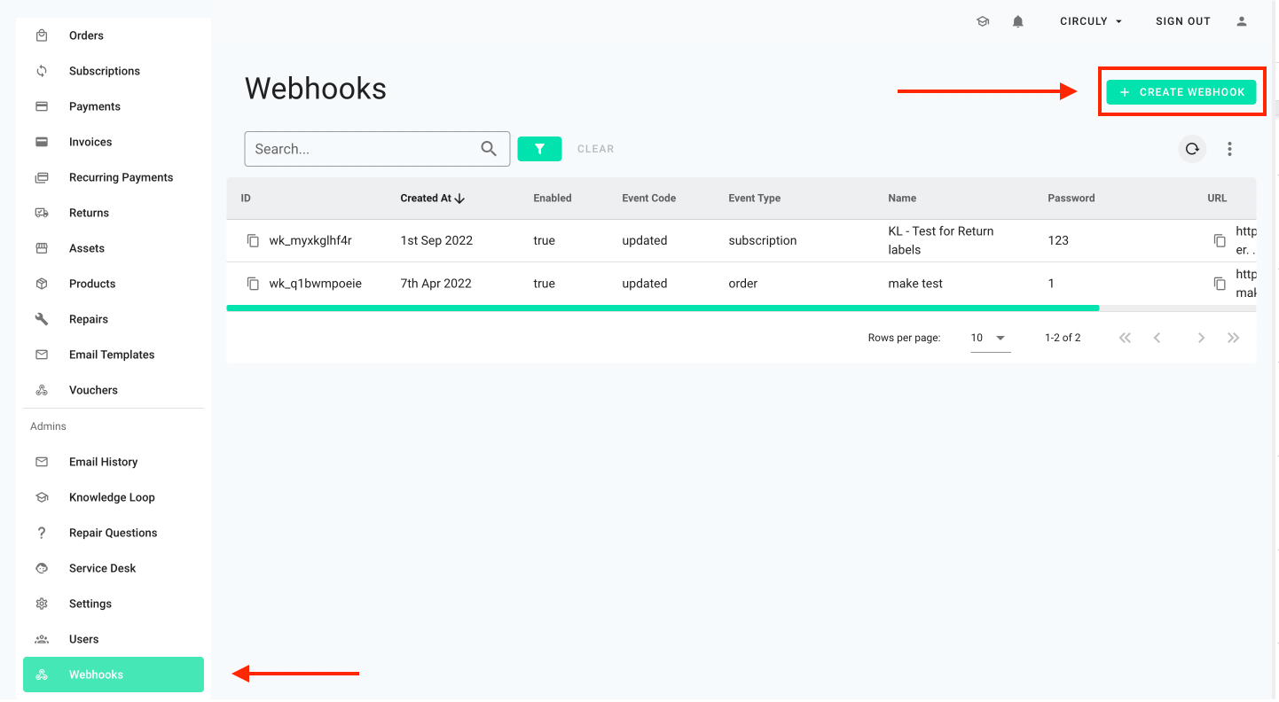 circuly operations backend screenshot to the the circuly webhook feature