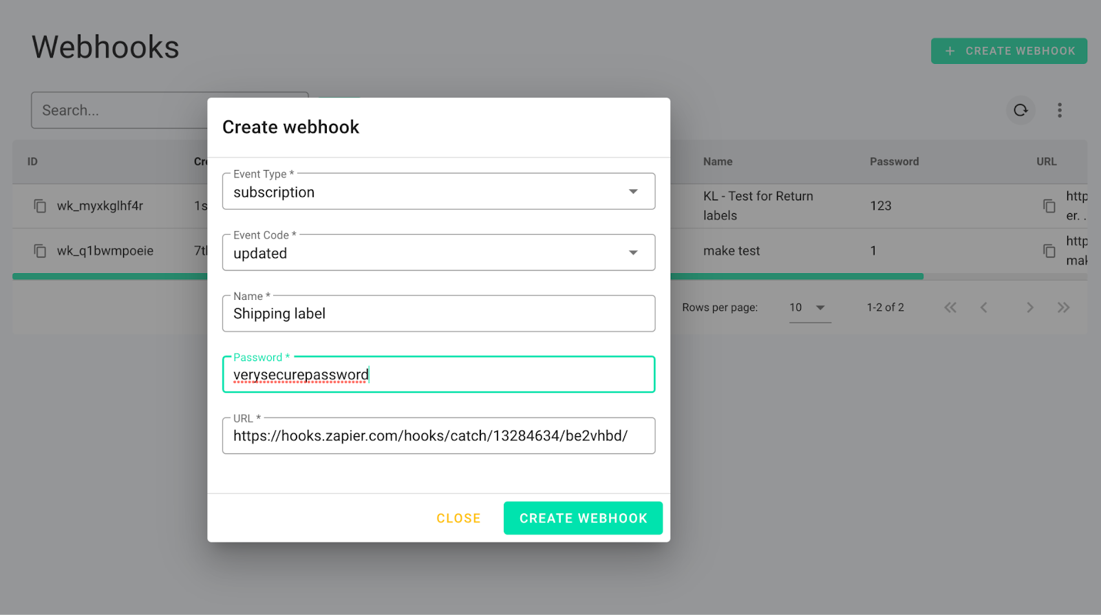 Screenshot of how to create a webhook