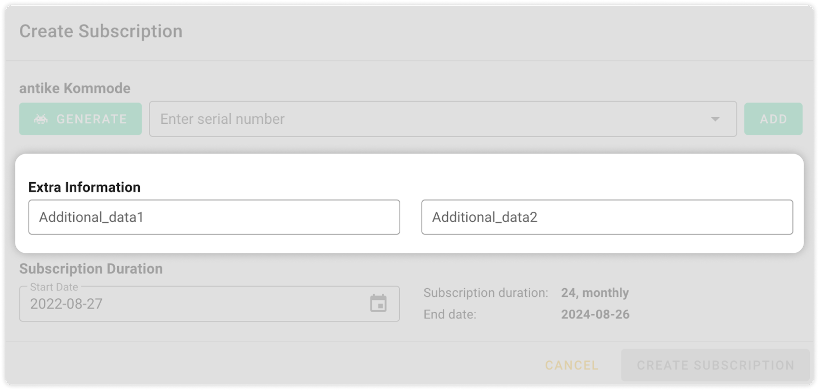 Screenshot of the circuly operations backend settings - subscription meta data