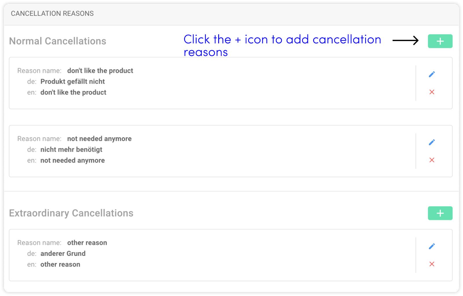 Screenshot of the circuly operations backend settings - cancellation reason