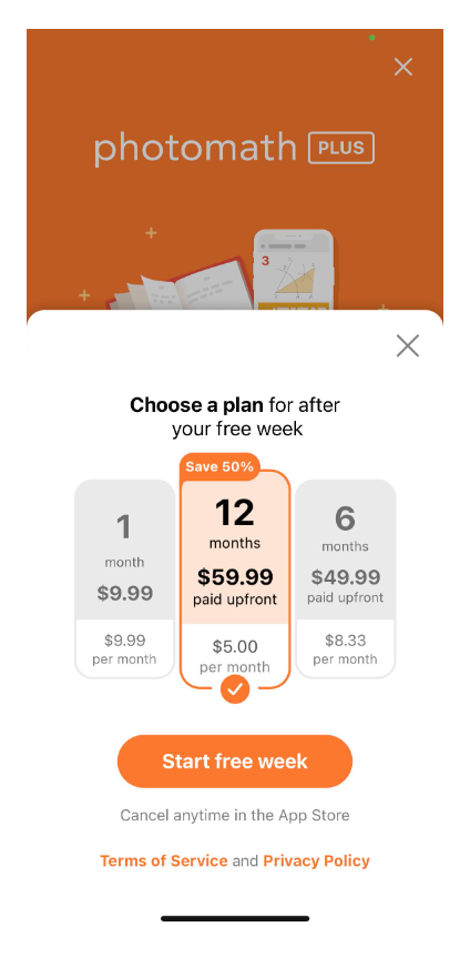 Photomath mobile app subscription paywall